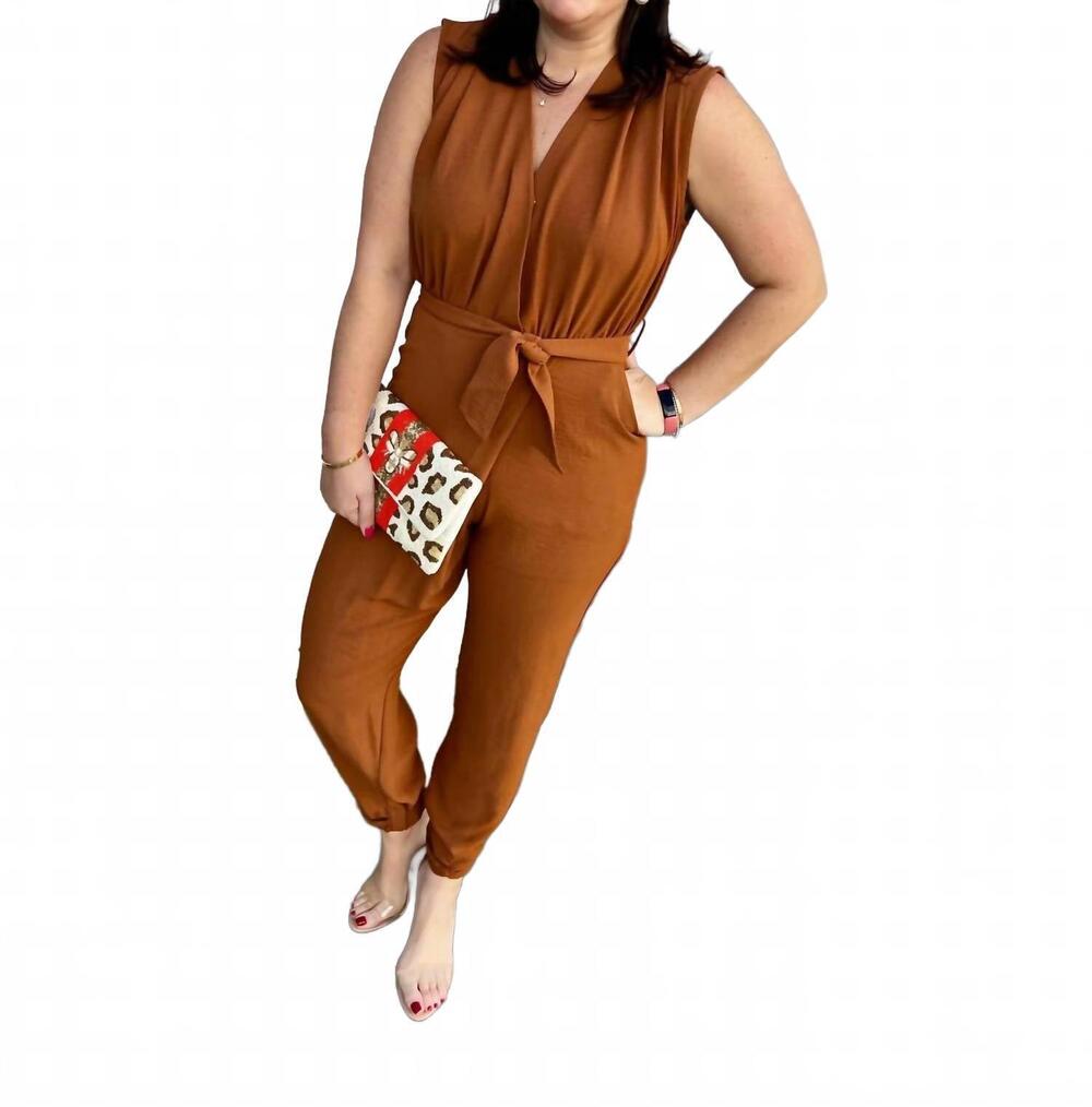 NEW ENTRO solid surplice sleeveless jumpsuit in rust